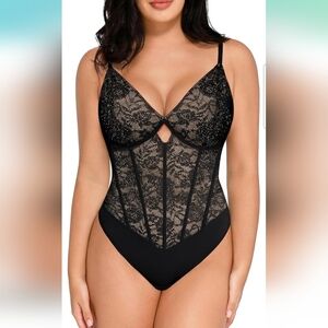 Popilush Black Lace V Neck Shapewear Tummy Control Bodysuit Size Small